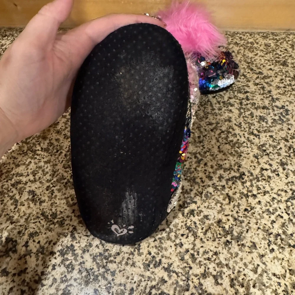 Justice Kids Girls Rainbow‎ Sequin Boots with Pink Pom Poms Size 2/3